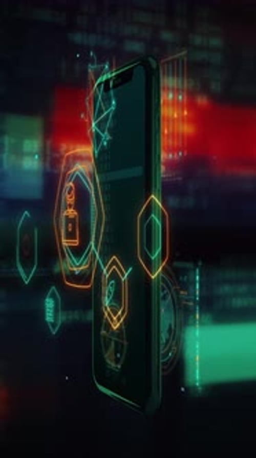 Futuristic Holographic UI Icons and Data Around Smartphone