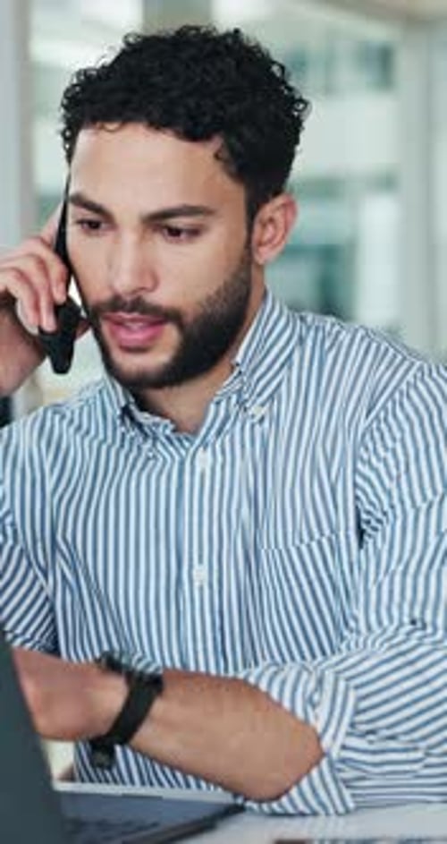 Man, talk and phone call in office with laptop for b2b networking, planning or communication