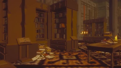 Old Library : Table with Books, Pages & Candles