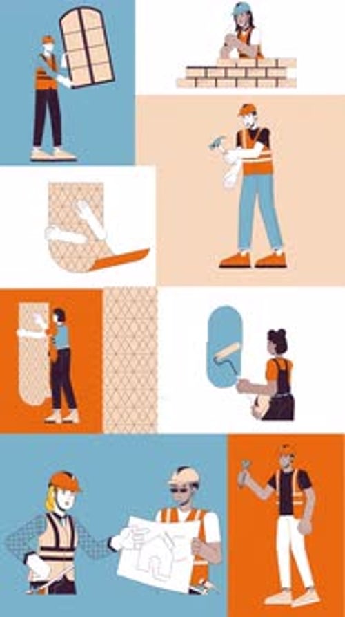 Home renovation and construction work bento grid vertical animation