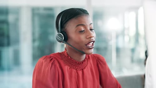 Call center, customer support and black woman in office for communication, talking and CRM service