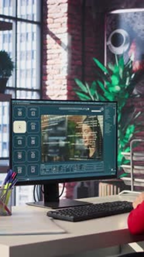 Desenvolvedor de software de vídeo vertical em escritório doméstico Codificando no desktop usando script alimentado por IA
