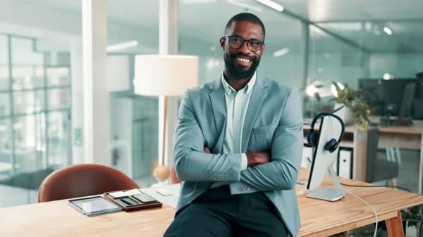 About us, face and tablet with business black man in call center for ...