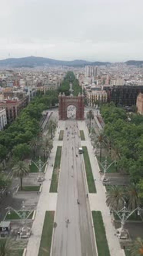 Aerial view of Arc de Triomf with Promenade Passeig de Lluís Companys in Barcelona Spain