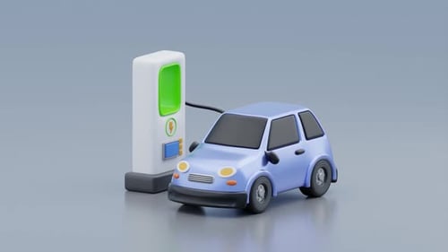 Electric car charging at charger station. 3D Car Cartoon animation