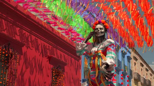Papel Picado Banners Framing Colorful Catrina Street Display