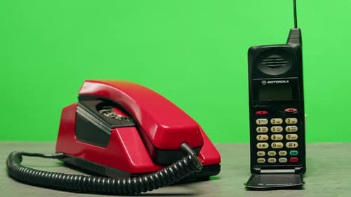 Retro Vintage Phone on Chroma Key Green Screen Rotary Telephone is Displayed on a Wooden Desk Adding