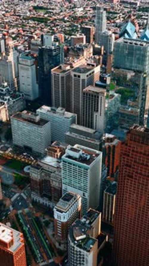 Densely built cityscape of Philadelphia from aerial view.