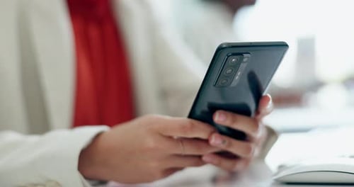 Woman, phone and hands typing on social media, communication or networking at office
