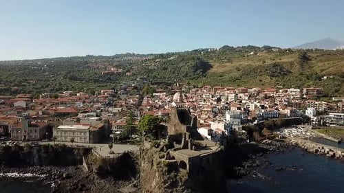 Drone view of the caste tower at Aci Costello, Catania, Sicily, Italy, Europe.
