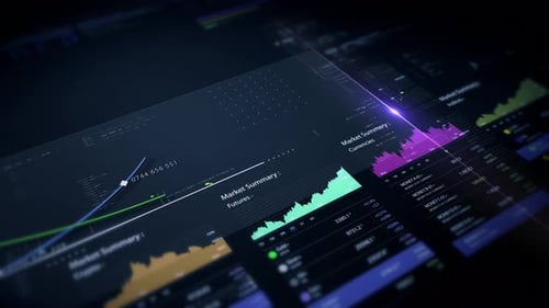 Futuristic Financial Data Display with Animated Charts and Graphs