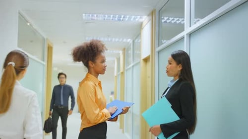 Professional businesswoman talking while stand on corridor in office.