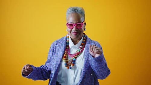 Funny senior woman wearing fashionable clothes