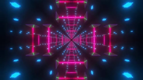 Dynamic neon lights create a vibrant, modern geometric backdrop