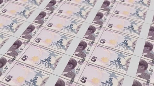 5 TURKISH LIRA banknotes printing by a money press