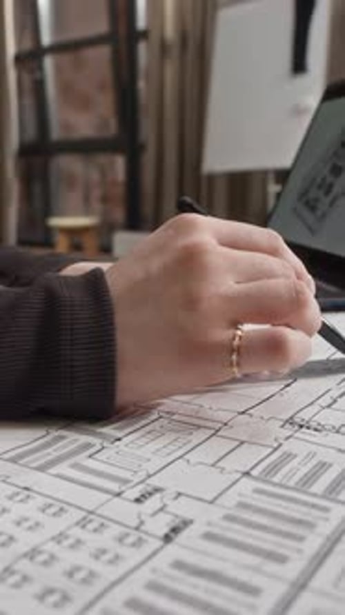 Vertical of Architect Sketching Layout While Studying 3D Building Model