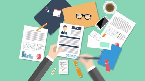 Flat Design Animation of Hands Selecting CV on Corporate Desk