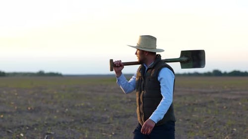 Smiling Male Farmer Inspecting His Harvest While Passing the Field and Carrying a Shovel on His