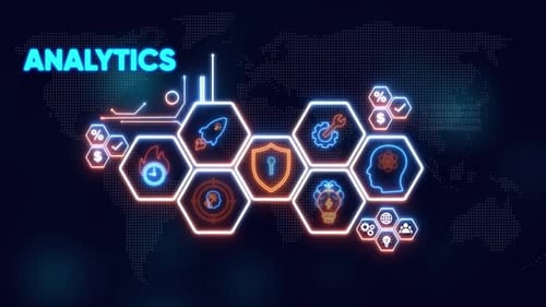 Digital Analytics Network mit Icons und Weltkarten-Hintergrunddatentechnologie