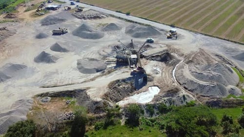 Panoramic View Of Sand And Gravel Manufacturing Plant, Machines, Truck Carrying Material