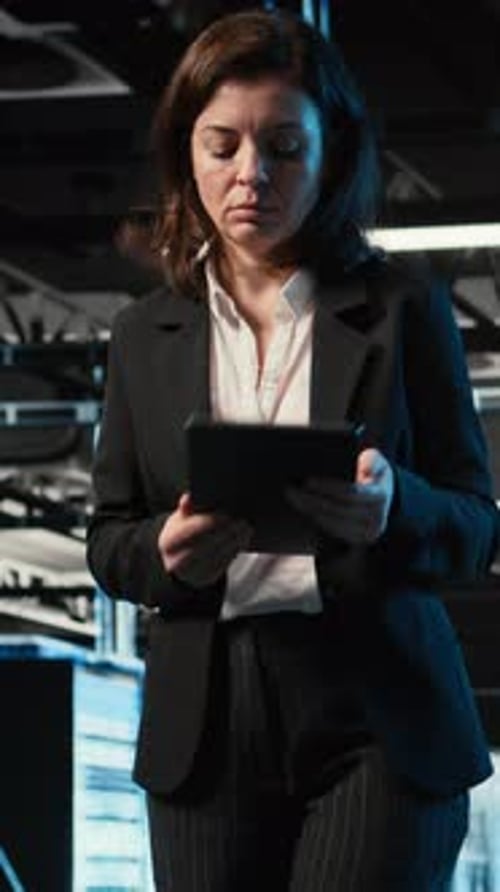 Vertical Video Automation Tablet and Engineer Walking in Data Center