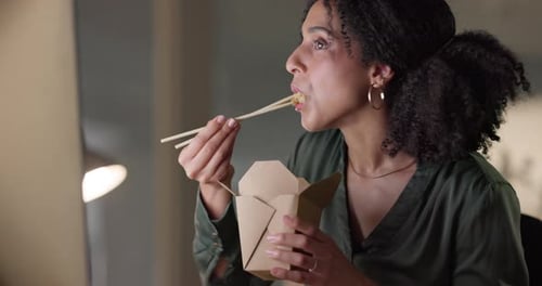 Business woman, food and eating at computer for office research, night project and watch video