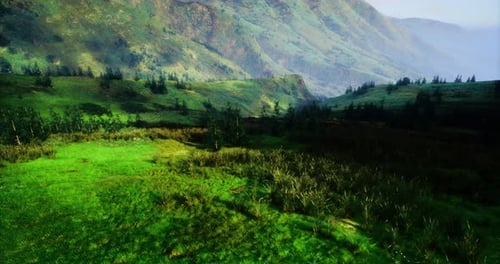Lush Green Valley with Rolling Hills Under Clear Blue Sky in Daytime