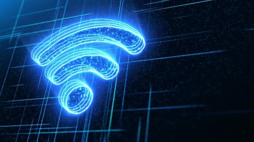 4K WiFi internet symbol glowing on a futuristic technology background loop