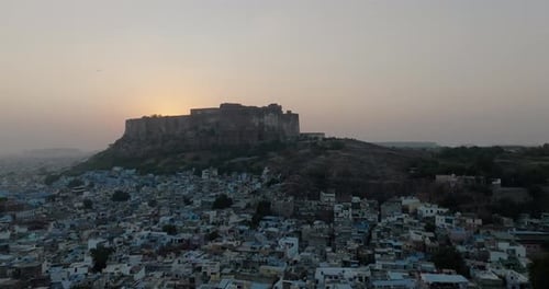 Aerial view of mehrangarh fort at sunset, India.