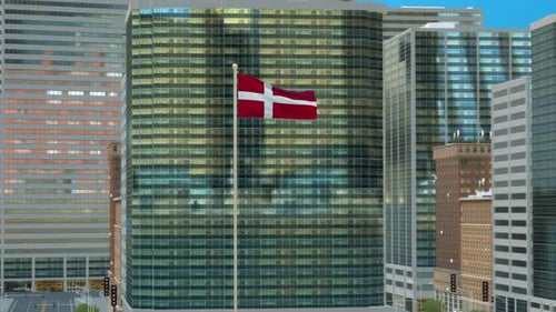 Denmark Flag 3D Render Animation on Pole with Modern Business District Buildings – Daytime View
