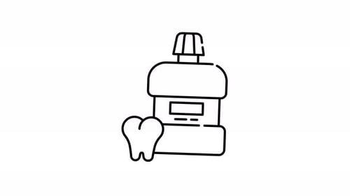 Animated Line Icon of Mouthwash and Tooth for Dental Care