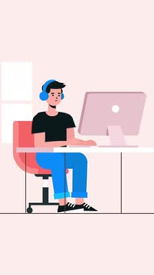Flat Design Man Working with Headphones at Computer