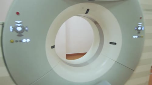 Tomography Scan Machine In Hospital Room. High Technology Radiography Expertise Equipment. Comput...