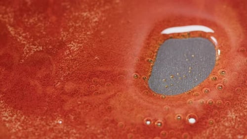 Close Up of Boiling Sugar with Bubbles Turns Into Caramel Caramelization Chef Cooking Dessert in