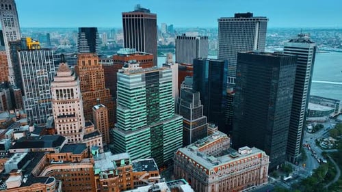 Evening view of the gorgeous architecture of New York. Drone footage slowly approaching skyscrapers.