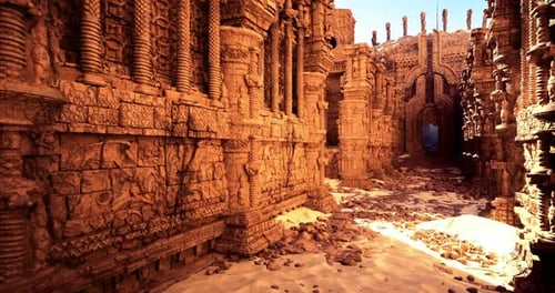 Ancient Temple Ruins in a Sunlit Desert Landscape with Intricate Carvings