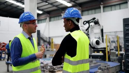 Engineers Talking Near Robotic Manufacturing Equipment