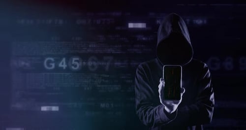 Hacker with Glitchy Smartphone and Digital Data Background