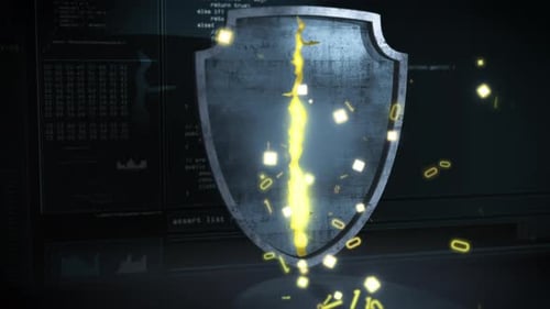 Metallic firewall shield split by a glowing breach line with escaping data symbols