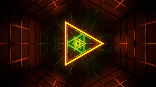 Green And Orange Neon Triangle In Mesh Tunnel Background Vj Loop | 4K