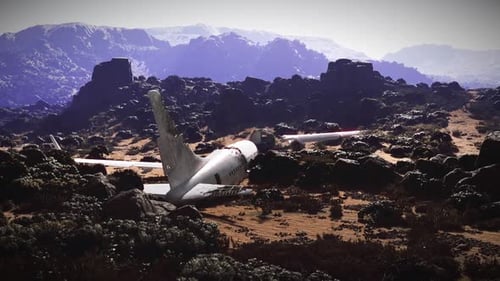 Flugzeugabsturzstelle in unwegsamem Gelände mit Wrackteilen inmitten einer felsigen Landschaft
