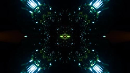 Formas geométricas giratórias e luz pulsante em uma animação VJ hipnotizante