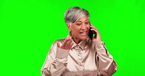 Phone call, conversation and senior woman on green screen for chat