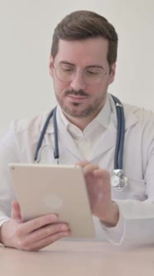 Doctor Browsing Tablet in Clinic, vertical video