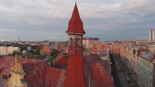 Aerial View of Riga's Historic Architecture at Sunset