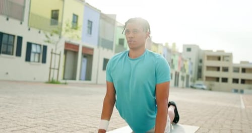 Black man, stretching and yoga fitness in city street for training workout