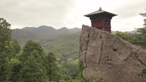 The main temple building that Yamadera Temple is known for as it is built off the top of a cliff roc