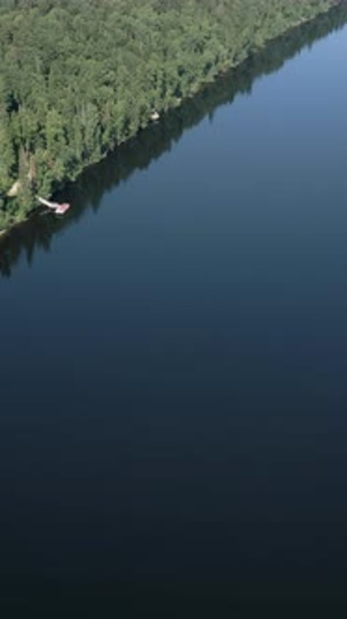 Esta imagem aérea mostra uma floresta serena e um lago calmo destacando o clipe de beleza das paisagens