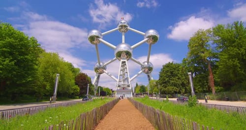 Establishing Shot of Atomium Landmark of Brussels Belgium The Most Visited Attraction in Brussels