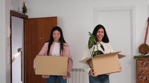 Happy friends carrying boxes into new home